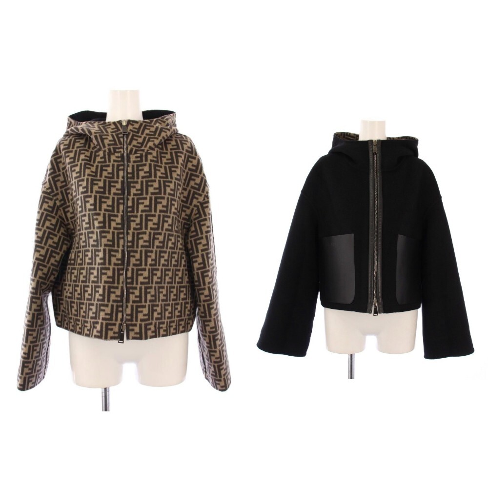 フェンディ FENDI FFロゴリ バーシブル クロップドジャケット フーディ アウター 38 黒 ベージュ FJ6993A5HD /KH レディース拍卖