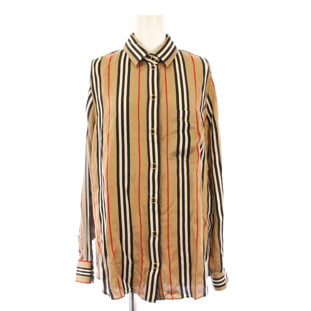 バーバリー ロンドン BURBERRY LONDON シャツ ブラウス 長袖 レギュラーカラー シルク サテン ストライプ柄 38 ベージュ /BB拍卖