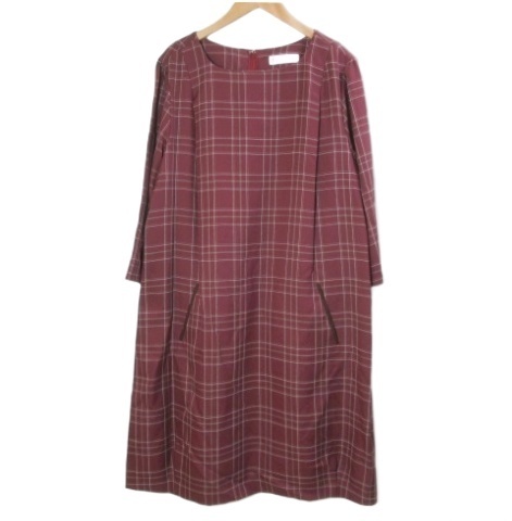 プライベートレーベル 大きいサイズ ロングワンピース 7分袖 チェック 26ABR 4L相当 赤 レッド ベルト欠損 /X レディース拍卖