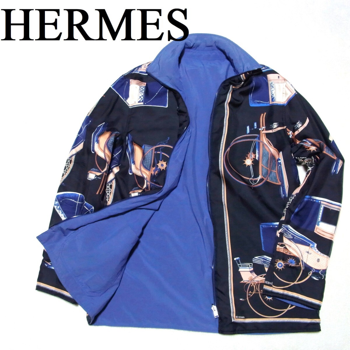 HERMES エルメス マルジェラ期 LES VOITURES A TRANSFORMATION 折畳み式幌の馬車 総柄 中綿 シルク リバーシブル ジャケット XS ブラック拍卖