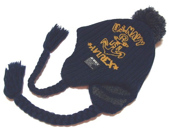即決良好!!米国AVIREX豪華刺繍入りニットキャップ【防寒耳当て付き】アヴィレックスU.S.NAVYニット帽ボンボン付きキッズビーニー正ちゃん帽拍卖