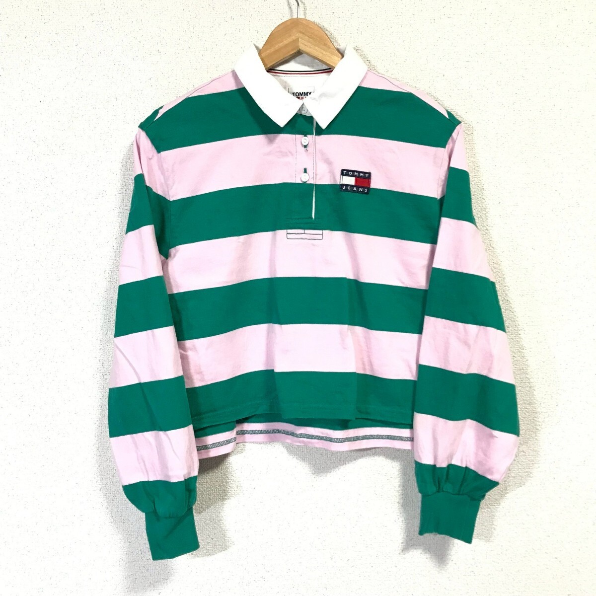 f3366dL TOMMY JEANS トミージーンズ サイズS 長袖 ラガーシャツ ボーダー レディース ピンク×グリーン しましま トミーヒルフィガー拍卖