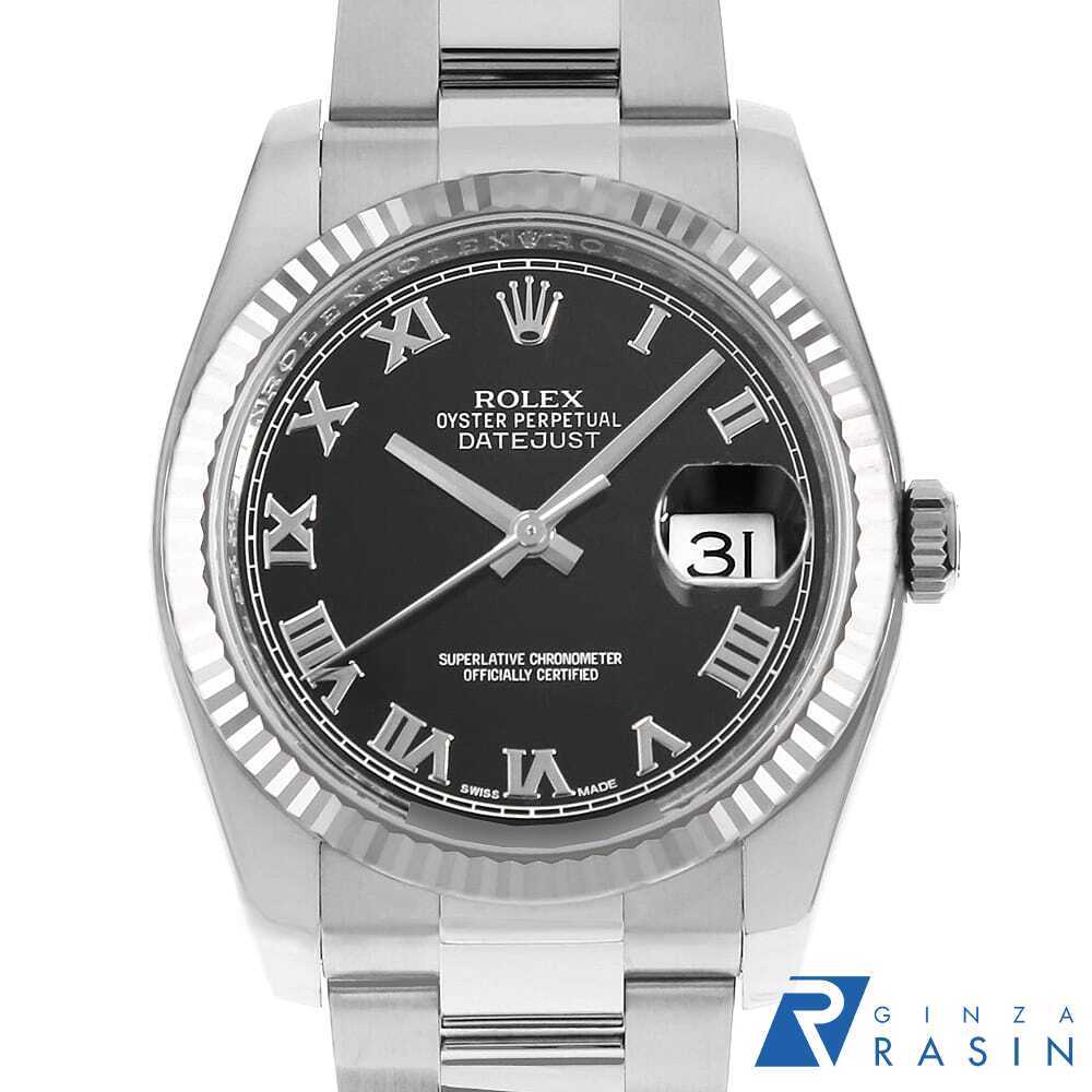 ロレックス デイトジャスト 116234 ブラック ローマ 3列 オイスターブレス ランダム番 中古 メンズ 腕時計 001JROAU0456拍卖
