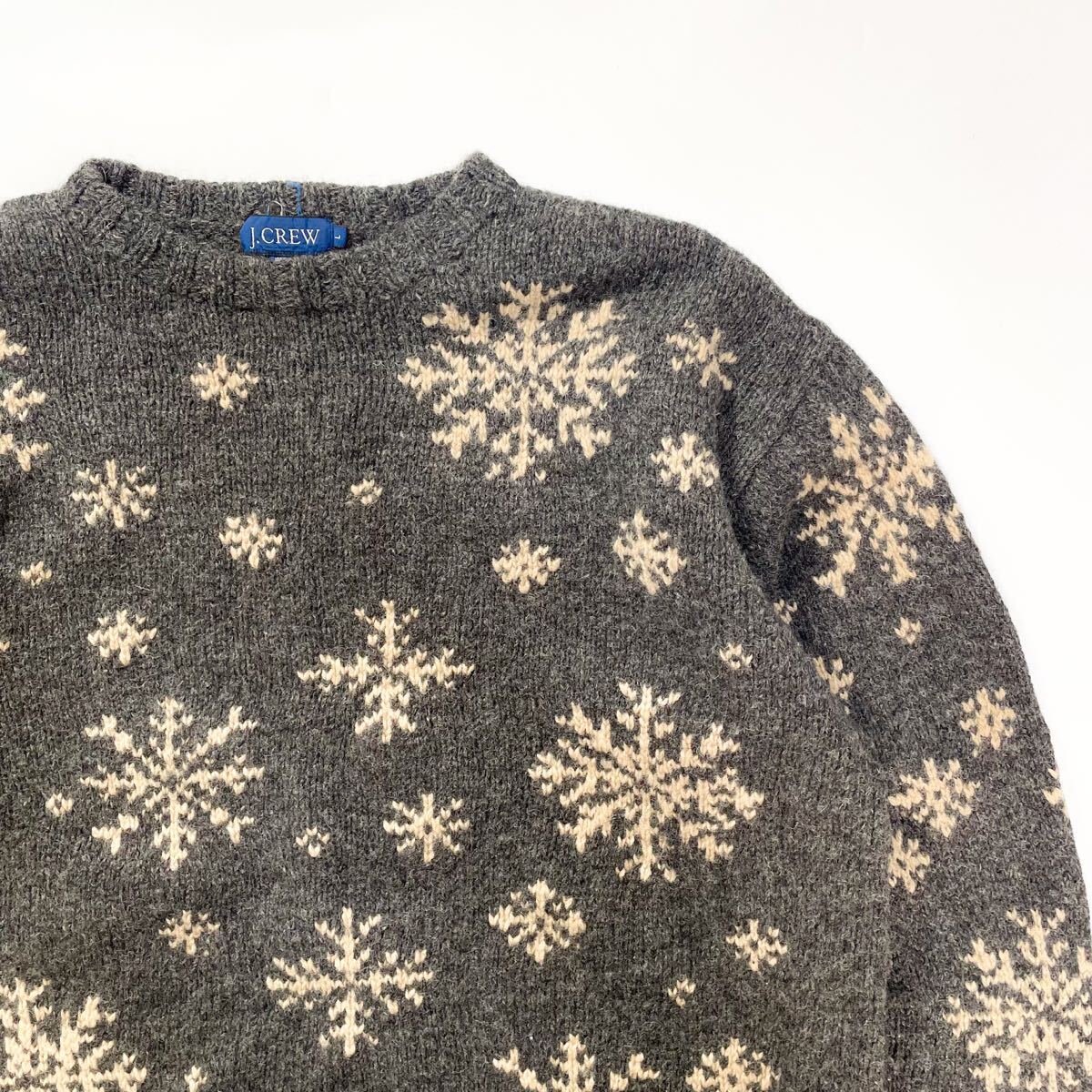80s 90s J.crew スノーフレーク ウール ニット セーター ノルディック柄 ビンテージ usa old L 雪 ランダム GAP チャコールグレー 00s 総柄拍卖