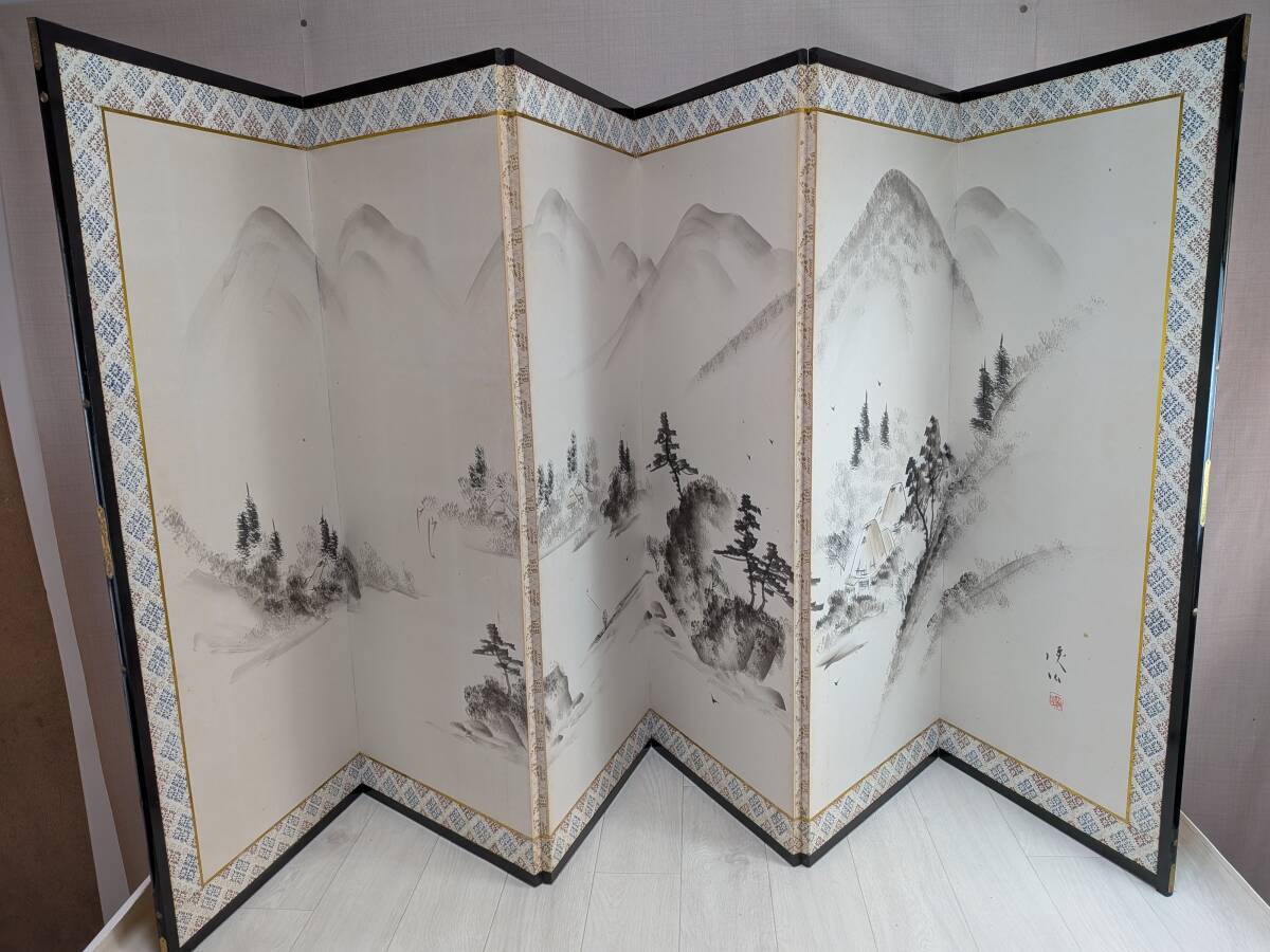 【模写】六曲屏風 山水画 日本画 六曲半双屏風 時代屏風 260×115㌢位拍卖
