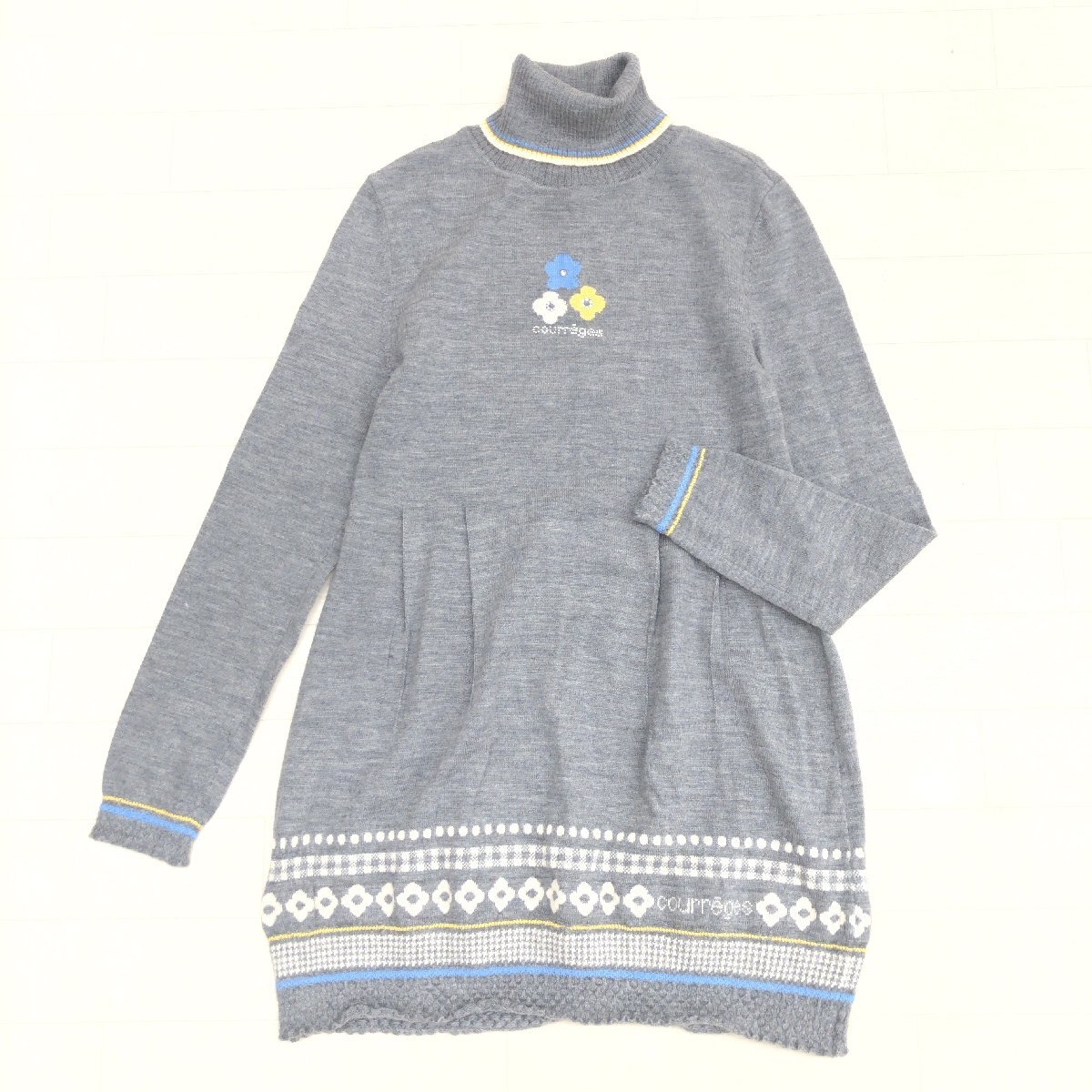美品 Courreges クレージュ ウール100% タートルネック タック ニット チュニック プルオーバー 38(M) グレー 日本製 セーター 花柄 女性用拍卖