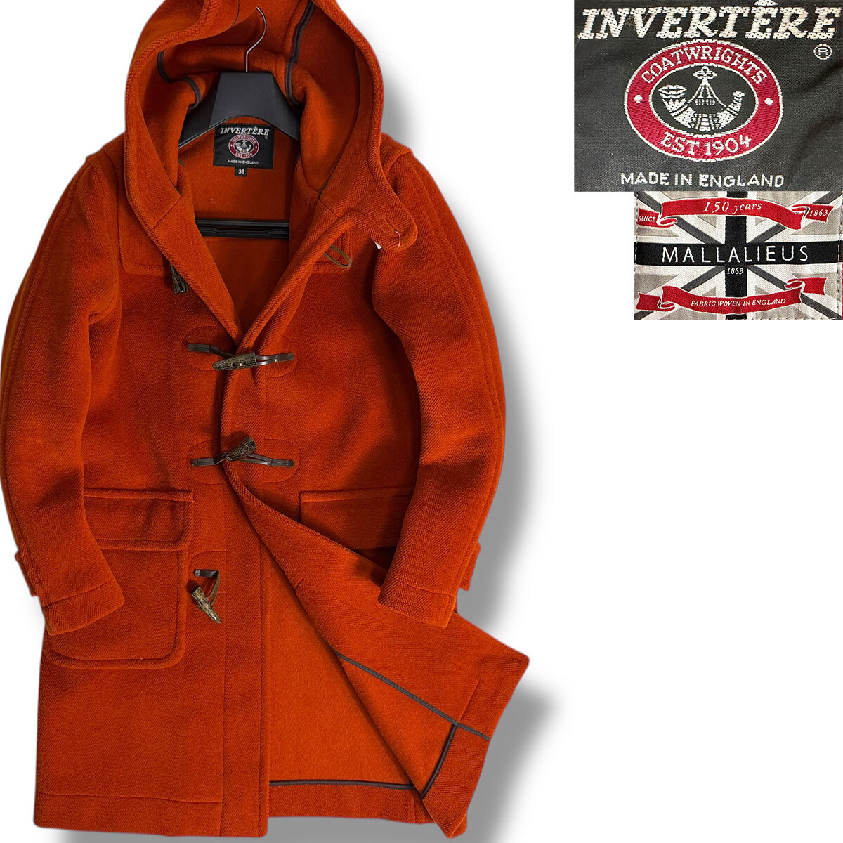 J5074 美品 インバーティア MALLALIEUS生地 BIRMINGHAM ヘリンボーンダッフルコート オレンジ 36 INVERTERE拍卖
