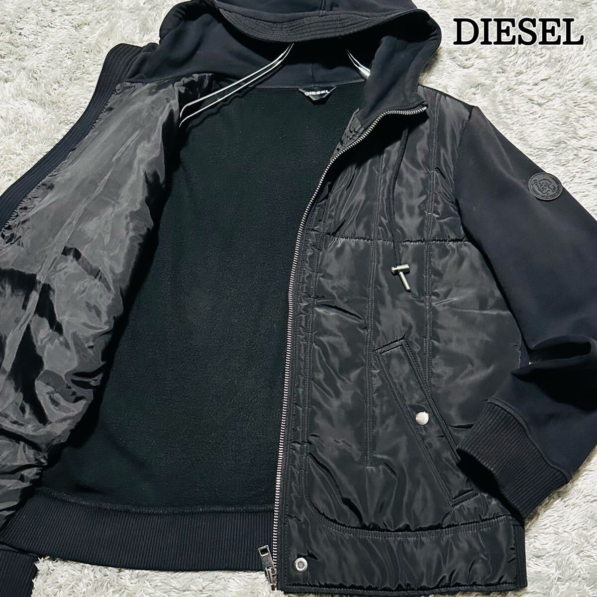 XL相当 ディーゼル パーカー ハイブリッド 中綿ダウン ジップ ブレイブマン ラバーワッペン ジャケット ブルゾン 洗える 黒 メンズ DIESEL拍卖