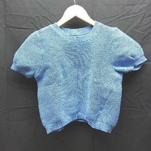 ◇ Ray Beams ローゲージ パフスリーブ 半袖 ニット クルーネック FREEサイズ ブルー 女 E拍卖