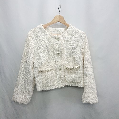 ◇ ⊇ H&M エイチアンドエム ツイード 装飾ビジュー 長袖 ジャケット サイズ表記なし アイボリー系 レディース E拍卖