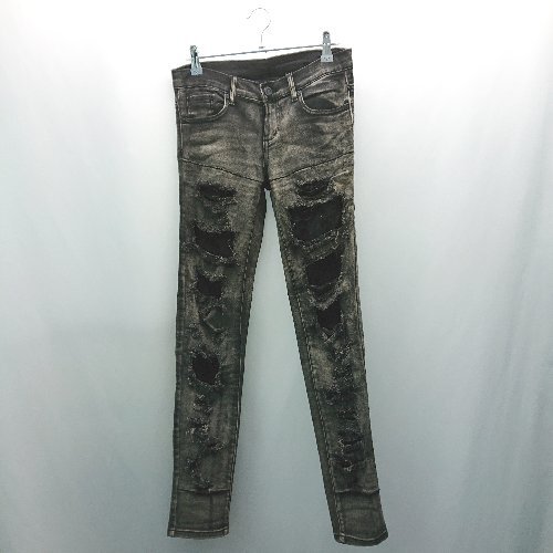 ◇ Playme Jeans フロントファスナー ダメージ加工 レースメッシュ クール ジーンズ サイズW24 ブラック レディース E拍卖