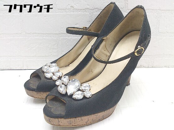 ◇ ESPERANZA エスペランサ ビジュー オープントゥ アンクルストラップ ヒール パンプス サイズ24cm ブラック レディース拍卖