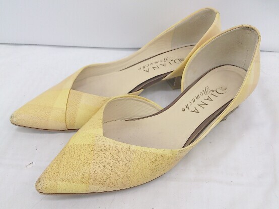 ◇ DIANA Romache ダイアナ チェック ポインテッドトゥ ローヒール パンプス サイズ22 1/2 イエロー レディース E拍卖