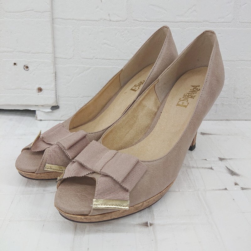 ◇ ESPERANZA エスペランサ オープントゥ リボン ヒールパンプス サイズ22 ベージュ レディース E拍卖