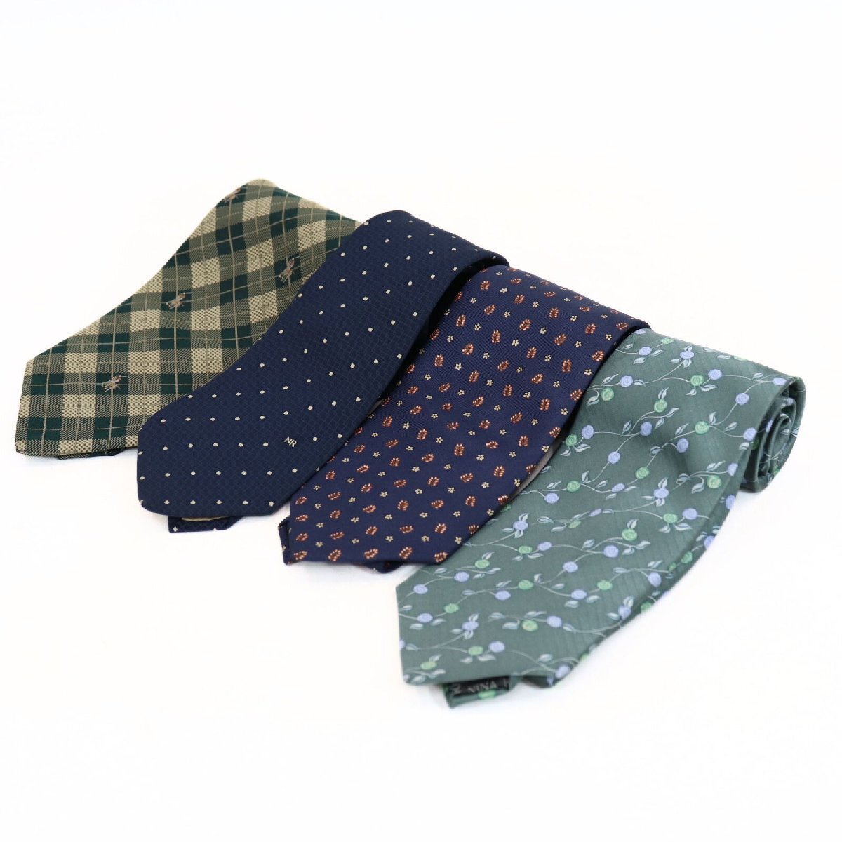 13188-O-60-T NINA RICCI ニナリッチ POLO ネクタイ まとめ 4点 総柄 花柄 ドット 絹 シルク メンズ ブルー系 グリーン系拍卖