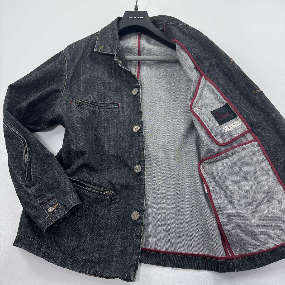 美品 L相当 Papas パパス カバーオール デニムジャケット ワークデザイン 刺繍 ロゴボタン ジップポケット エルボーポケット パイピング 黒拍卖