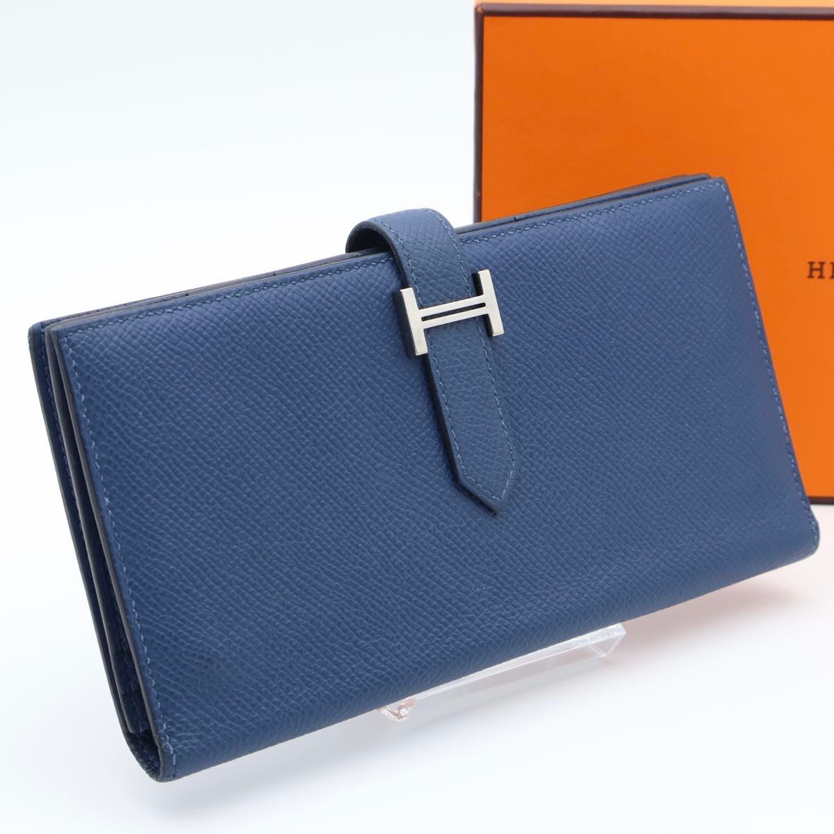 【超極美品】HERMES ベアンスフレ エプソン 長財布 ブルー シルバー金具拍卖