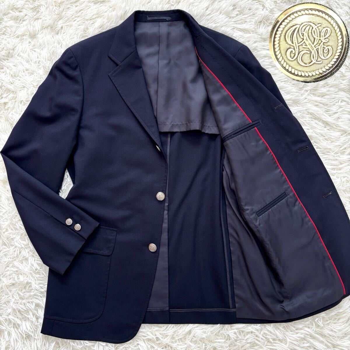 【極美品】XLサイズ J.PRESS ジェイプレス 紺ブレ パイピング赤 ロゴ刻印銀ボタン テーラードジャケット 秋冬ブレザー JPRESS LL 色気艶感拍卖