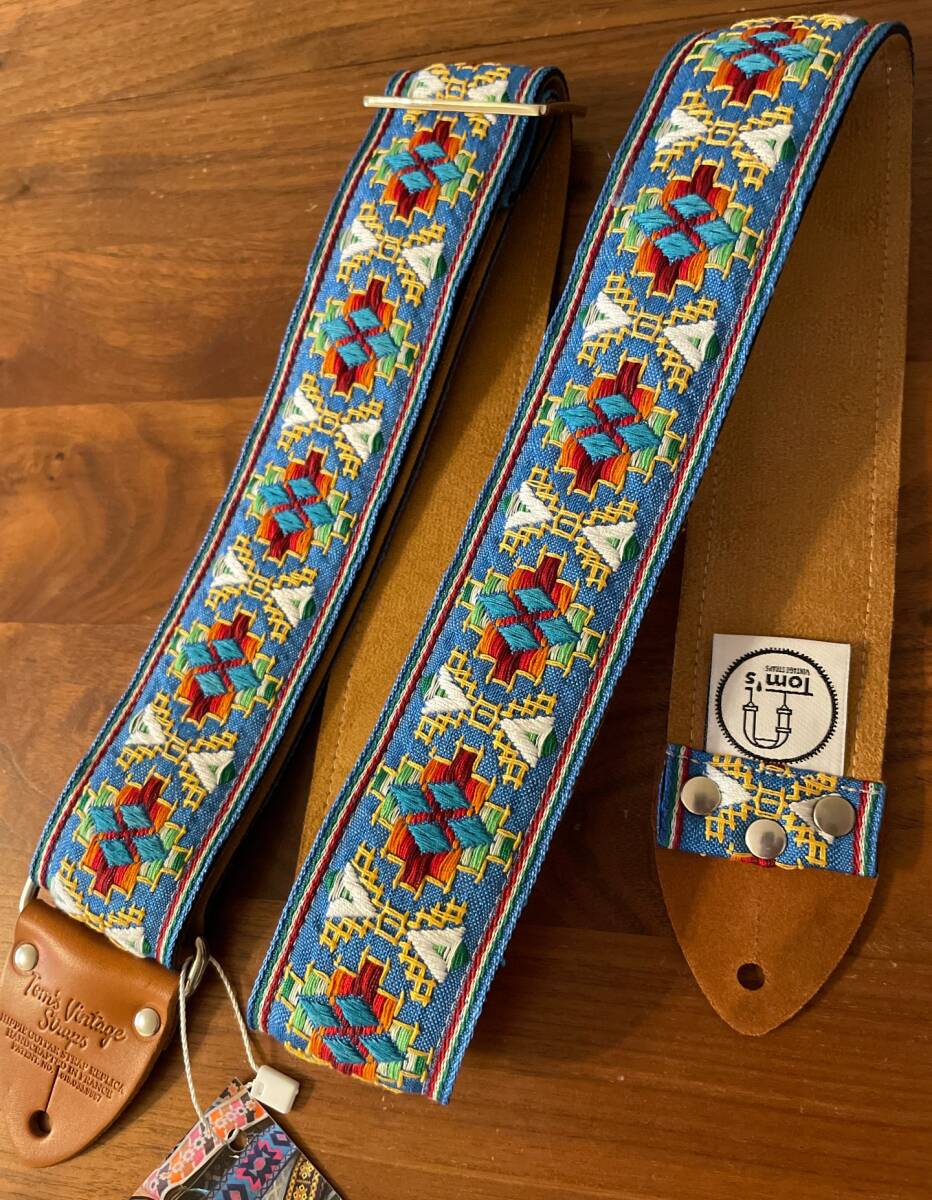 Tom's Vintage Straps Blue Southwest ギターストラップ 本革エンド ハンドメイド フランス製拍卖