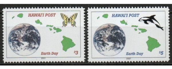 切手 K808 ローカル切手(ハワイポスト) 地球の日 地球 昆虫 蝶 イルカ 2V完 2001年発行 未使用拍卖