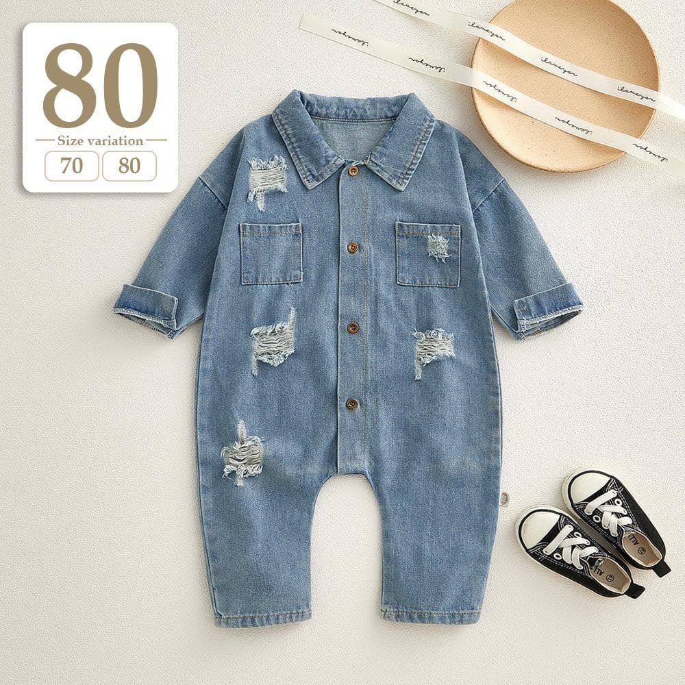 新品未使用 80cm〔#BMダメージデニムカバーオール〕カバーオール ロンパース デニムシャツ オールインワン 長袖 子供 ベビー キッズ 男の子拍卖