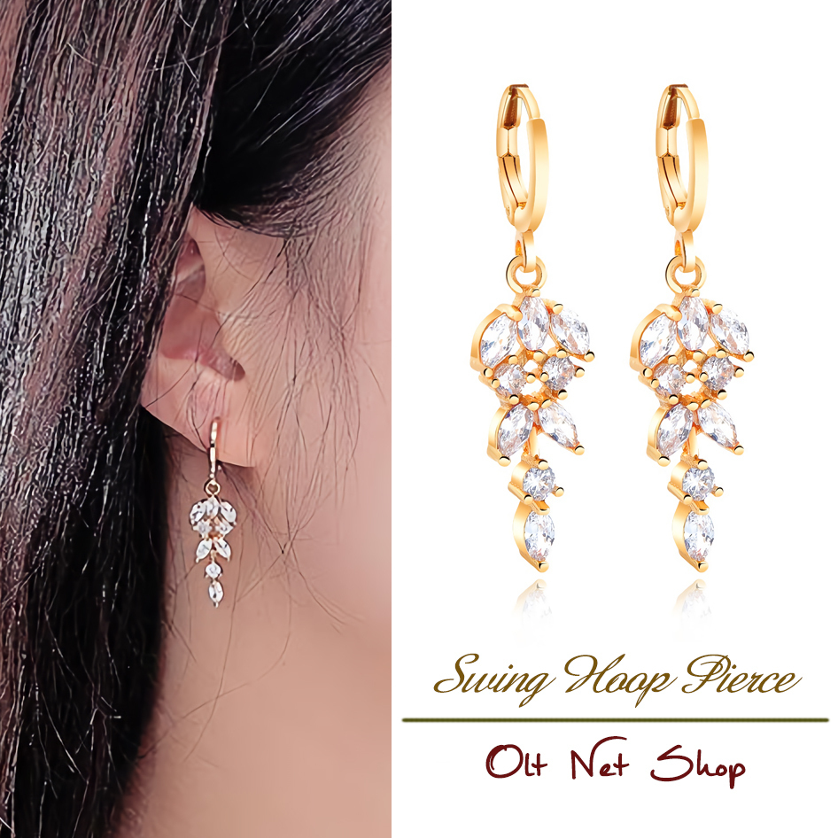 新品/ピアス/K18GP/リーフ/葉/揺れる/ロング/ダイヤ/18金/ゴールド/レディース/両耳/開閉式/フープ/シンプル/長い/上品/CZ/女性拍卖