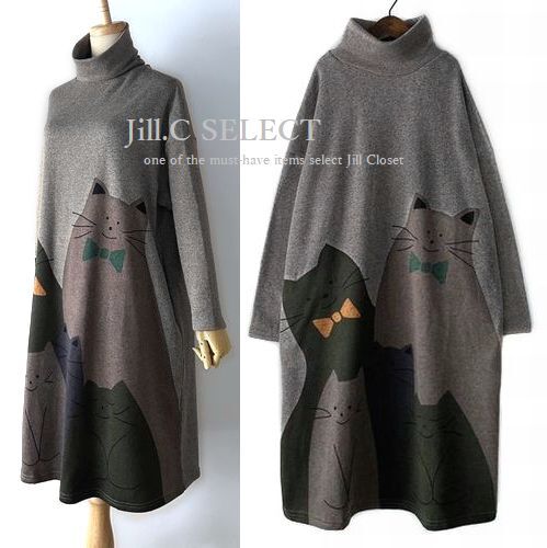 新品【送料185円】伸縮◎遊び心溢れる♪可愛い猫ちゃんプリント*ほっこり暖かい裏薄起毛 プルオーバー*チュニック*ワンピース7741.GG拍卖