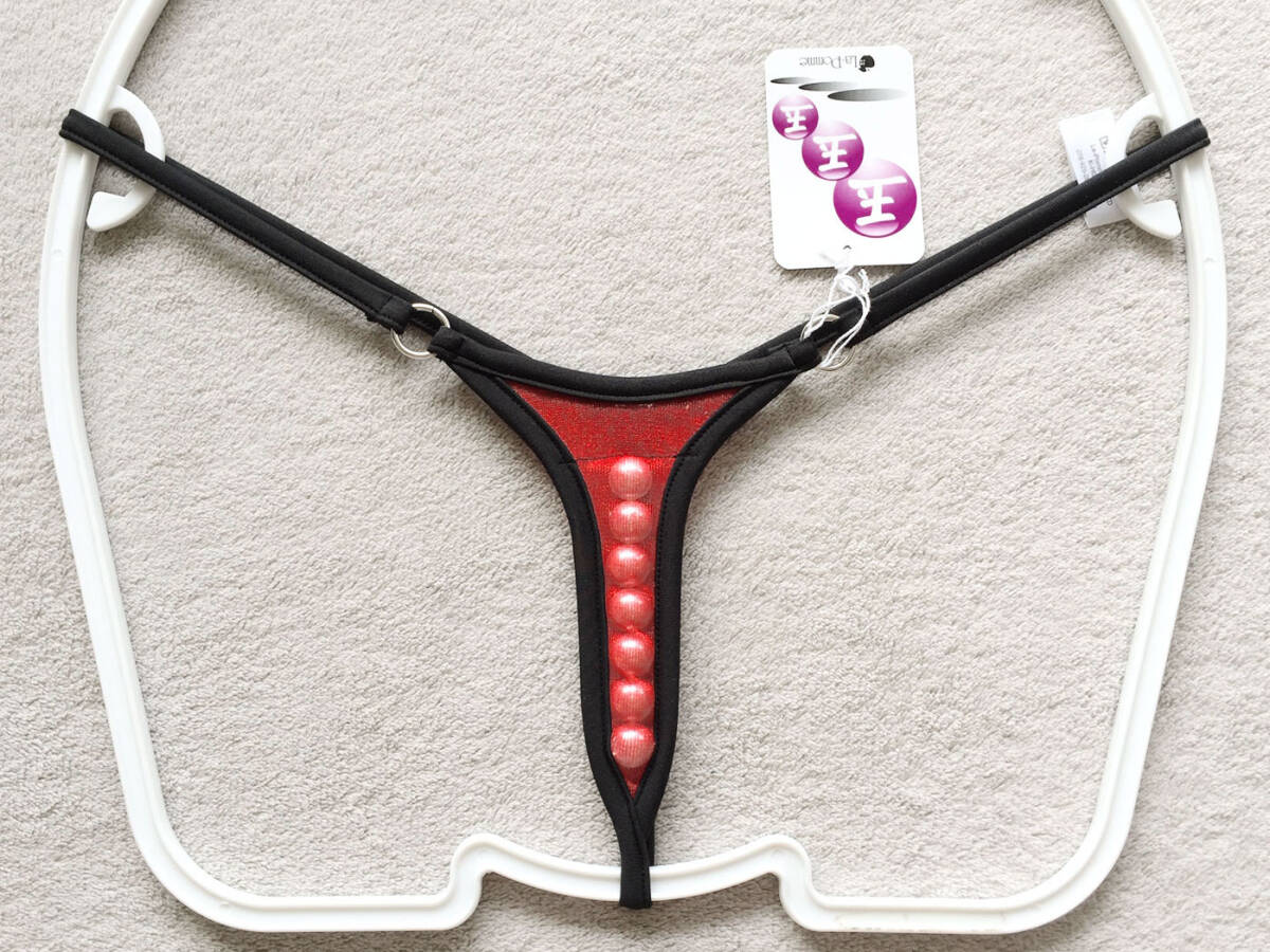 【ラ・ポーム/La-Pomme】透け透け光沢シースルー★7パールボール★パイピングストレッチ★ローライズTバック/赤♪新品/日本製拍卖