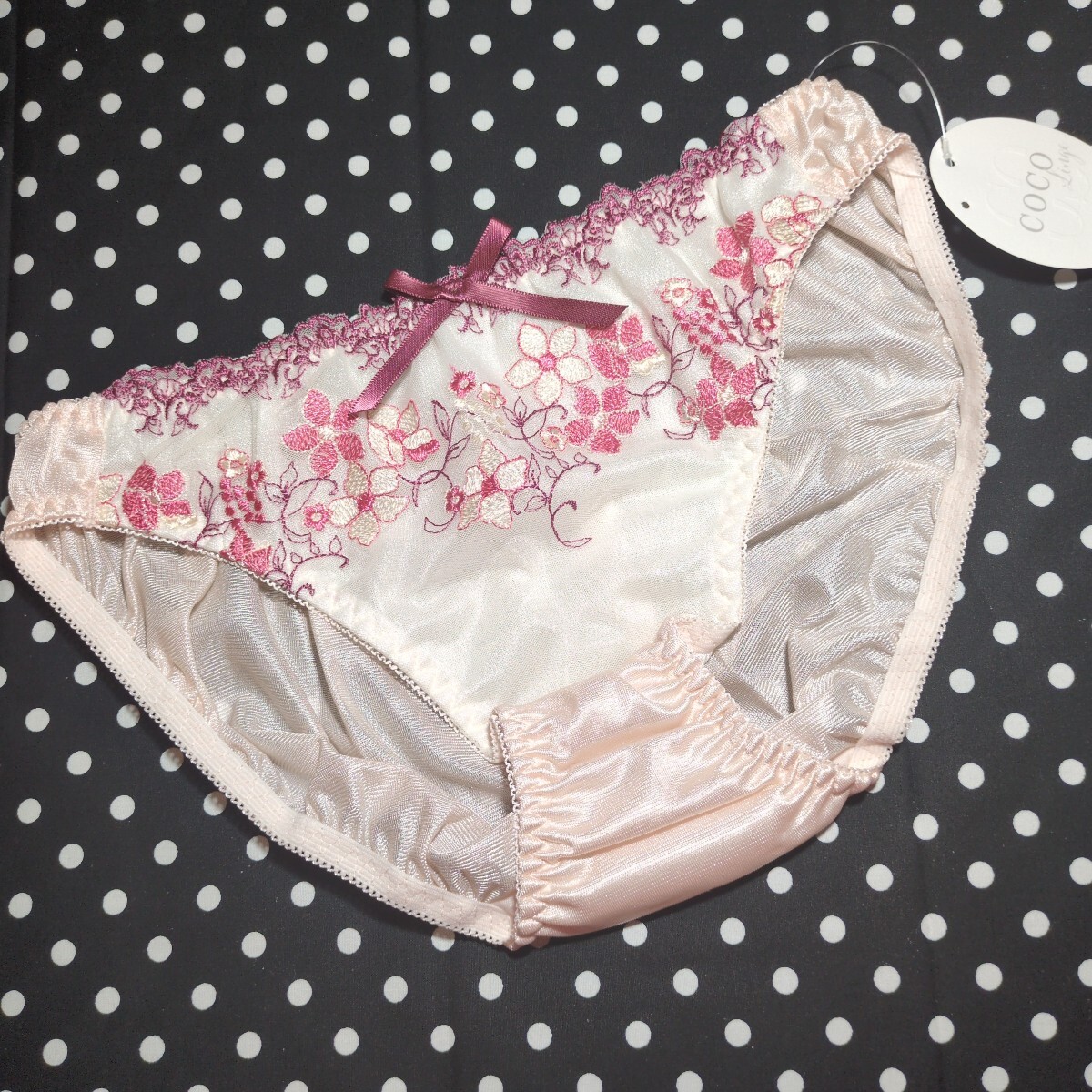 L ティーンズ 清楚可憐 パンティ シフォンにピンク系フラワーガーデン刺繍 クロッチからお尻ツルピカ光沢 拍卖