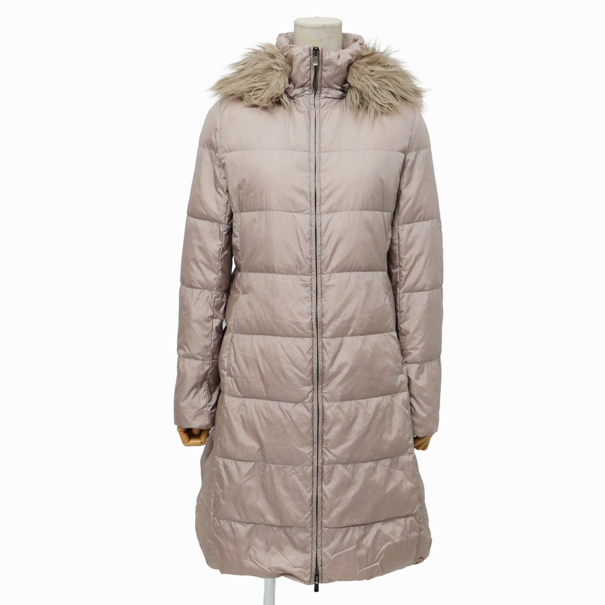 TI7520☆セオリー Theory ダウンコート Aラインコート スタンドカラー フード/フェイクファー着脱可 ナイロン ベージュ系 Sサイズ拍卖