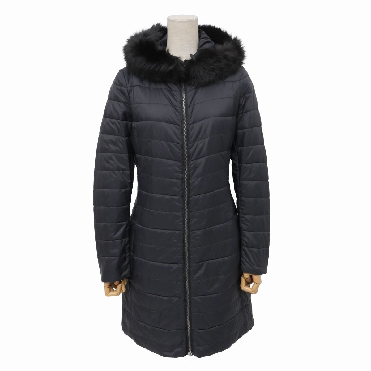 MH8511◇イタリア製 ブルマリン BLUMARINE フォックスファー付きフード ジップ 中綿コート サイズ40 ダークネイビー×ブラック系拍卖