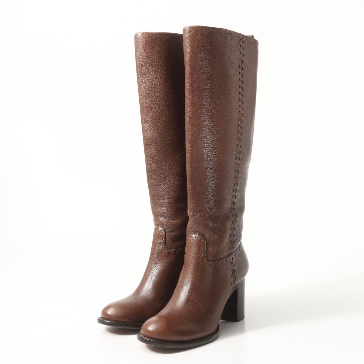 MH8192△TORY BURCH トリーバーチ レザー ダブルTロゴ チャンキーヒール ロングブーツ 靴 ブラウン サイズ6M拍卖