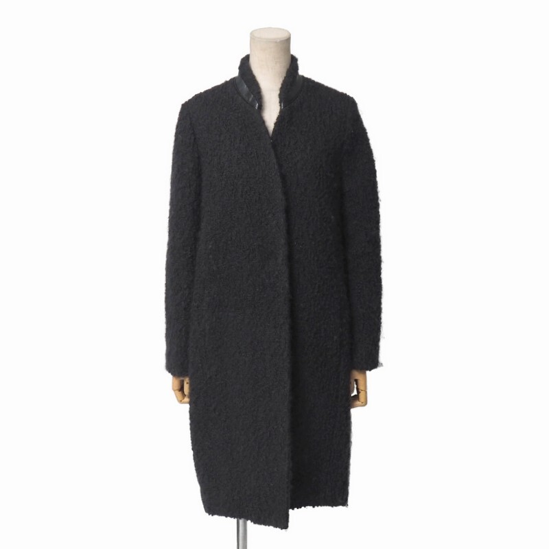 TJ7056=ハイアリン/HYALINES*GIOTEX生地*ロングコート*衿羊革*ウール*サイズ38*ブラック系拍卖