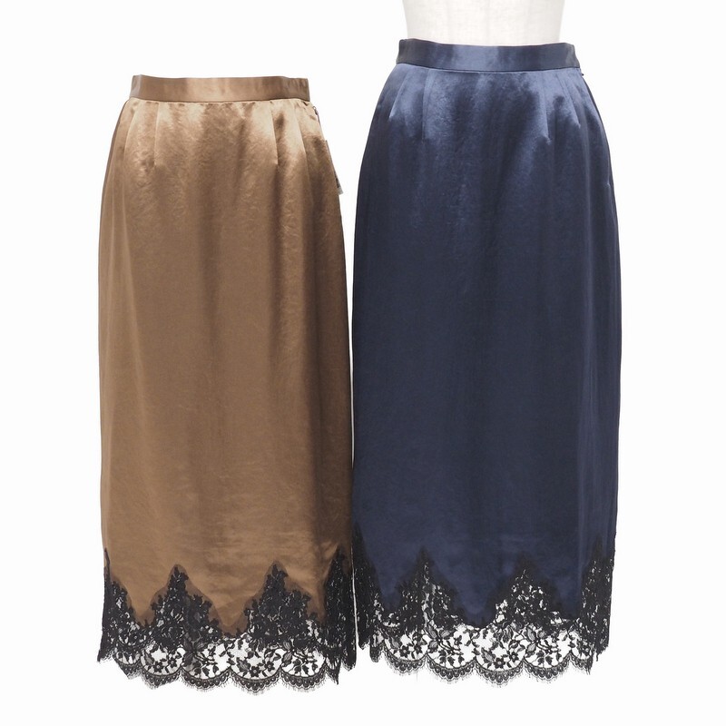MI3638=2点セット*ヴェルメイユパーイエナ VERMEIL par iena*フラワーレース*サテン*スリット*ロングスカート*サイズ38*ゴールド/ネイビー拍卖