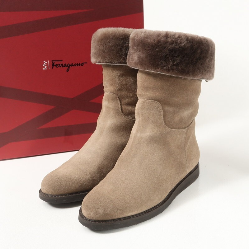 GS5909▼イタリア製*My Ferragamo マイフェラガモ*ヴァラ スエードレザー ショートブーツ ムートンブーツ 6M(23.0cm相当) 靴 ベージュ系拍卖
