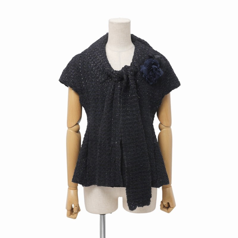 MI4188▼イタリア製*マルニ MARNI*ツイード フレンチスリーブ ボウタイ ジャケット ラメ糸混 コサージュ付き サイズ38 ネイビー系拍卖