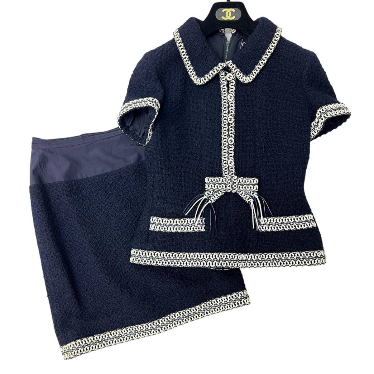 1円 CHANEL シャネル 94P PO 3279 レディース ココマーク パイピングスーツ ツイード リボン セットアップ ジャケット スカート サイズ36拍卖