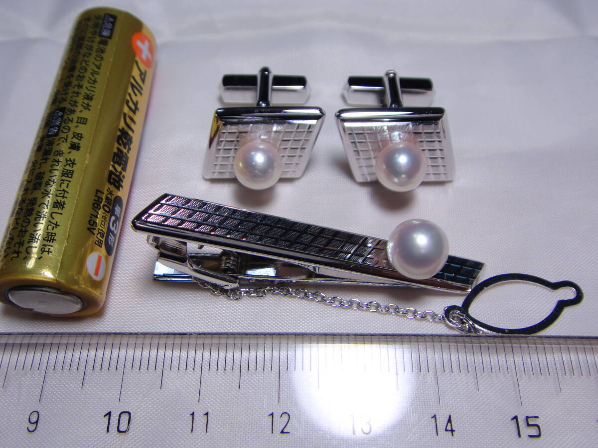 アコヤ真珠 本真珠 本パール ツヤテリ強 タイピン&カフス 2点おまとめ SILVER850刻印 良品 ケース付き ヴィンテージ D776拍卖