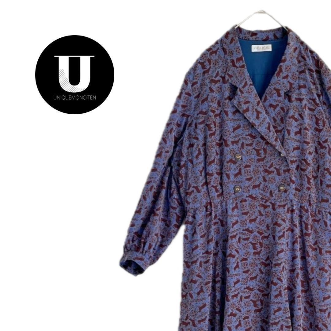 \ワンピース/ロングスカート 長袖 パープル系 動物 総柄 個性的 レトロ 古着拍卖