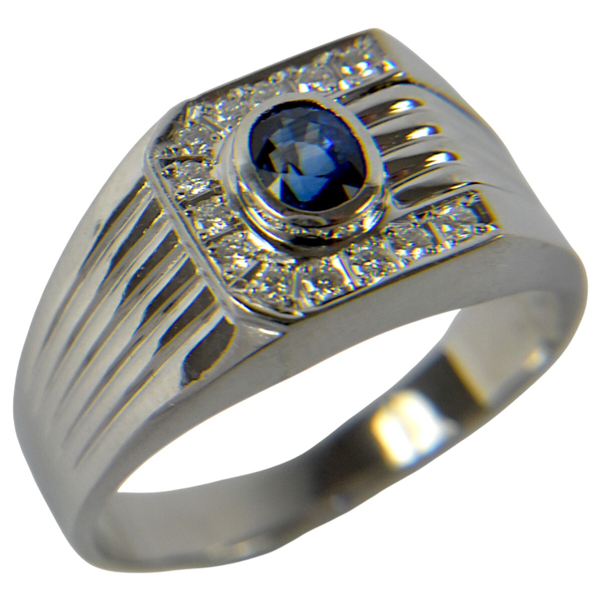 PT900 プラチナ サファイヤ ダイヤモンド メンズ ジュエリー ピンキーリング デザインリング 指輪 21.5号 S0.65ct D0.15ct 10.6g拍卖