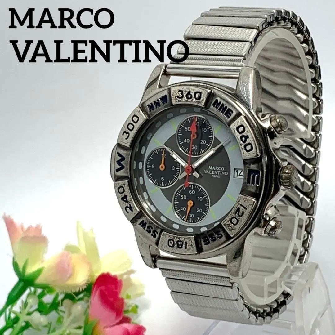 923 【電池交換済】稼働品 MARCO VALENTINO メンズ 腕時計 マルコヴァレンチノ クロノグラフ デイト ストップウオッチ シルバー クォーツ拍卖