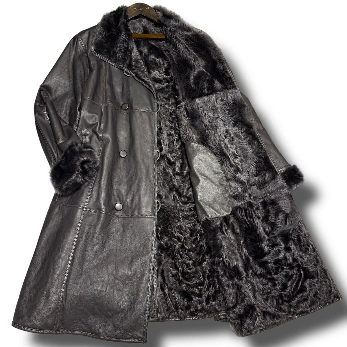 S級美品◎【艶感フルMAX!! 史上最高級トロトロ質感◎】リアルムートン ロングコート XLサイズ ラムレザー ふわふわ毛長 着丈102cm グレー拍卖