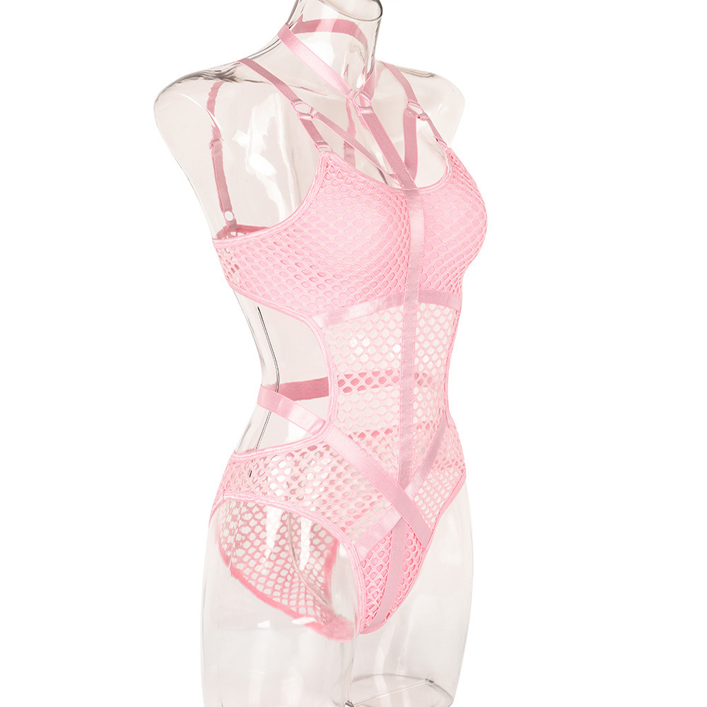 Lサイズ PINK メッシュ&ボンテージバンド 肩ショルダー丈調整出来ます クローズクロッチタイプ ボディスーツ 拍卖
