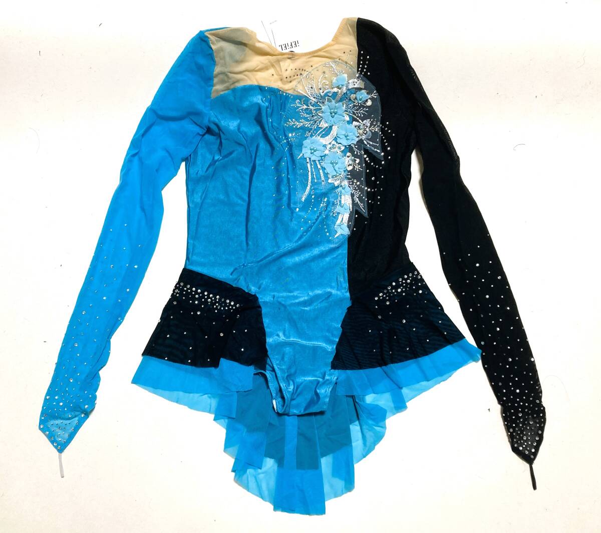 大きなUS16サイズ水色 長袖光沢ラインストーンメッシュフィギュアスケートレオタードドレス/ダンス体操アクロバットパフォーマンス衣装拍卖