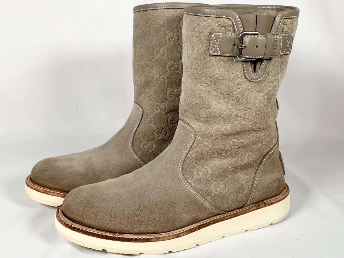 【正規品】美品 グッチ GUCCI GG 270396 スエード スウェード レザー ラバーソール ショートブーツ シューズ レディース 37 1/2 ベージュ拍卖