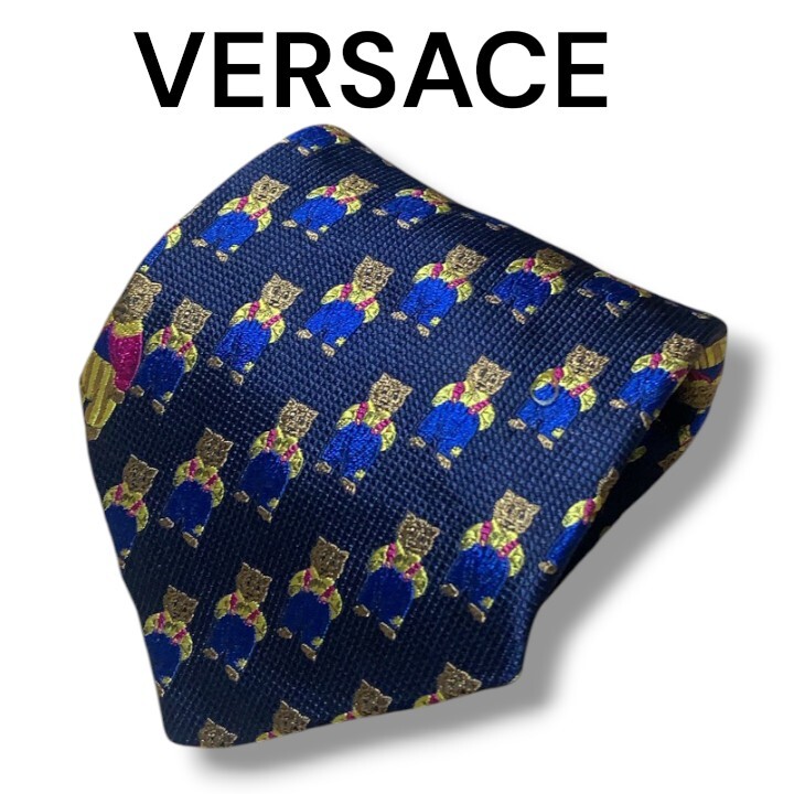 VERSACE ヴェルサーチ ネクタイ ハイブランド イタリア製 総柄 クマ 動物 メデューサ ビジネス スーツ ネイビー拍卖