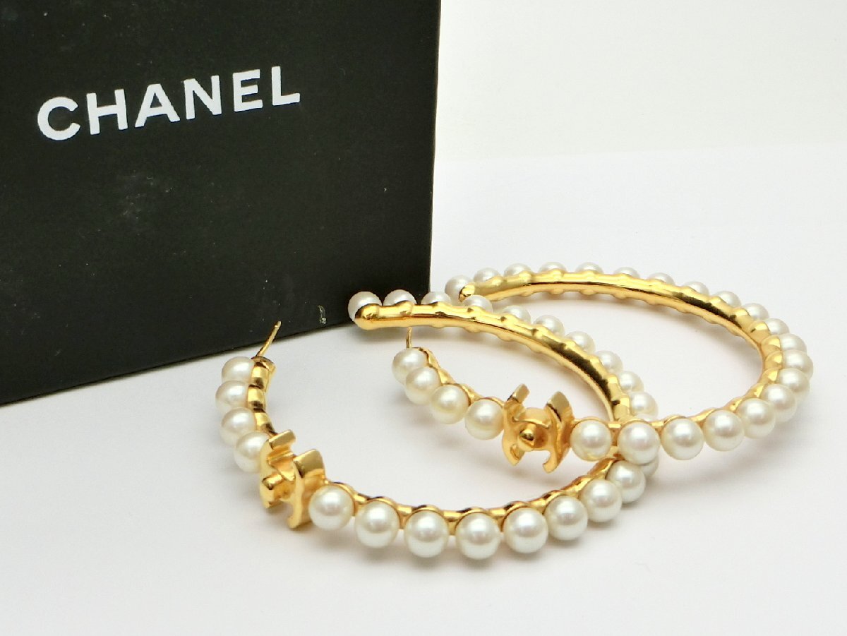 CHANEL B20A フェイクパール ココマーク フープ ゴールド 箱付き ピアス アクセサリー 装飾品 シャネル 1円~ N0619拍卖