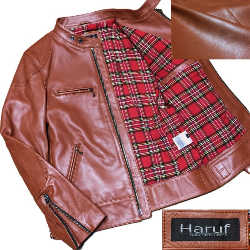美品 Haruf ハルフ パキスタン製 上質 牛革 レザー チェック柄裏地 立ち襟 シングル UK ライダースジャケット メンズ L 茶 ブラウン 本革拍卖