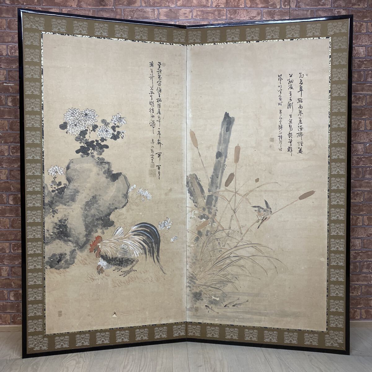 T4547 【旧家蔵出し品】時代物 屏風 二曲屏風 鳥 カワセミ 鶏 風景 骨董 大型 152cm× 高さ 155.5cm拍卖