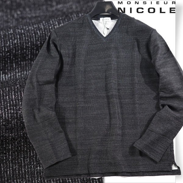 新品1円~★定価1.5万 monsieur NICOLE ムッシュニコル メンズ 秋冬 長袖 メランジダブルフェイスVネックカットソー 46 M 黒 ◆1465◆拍卖